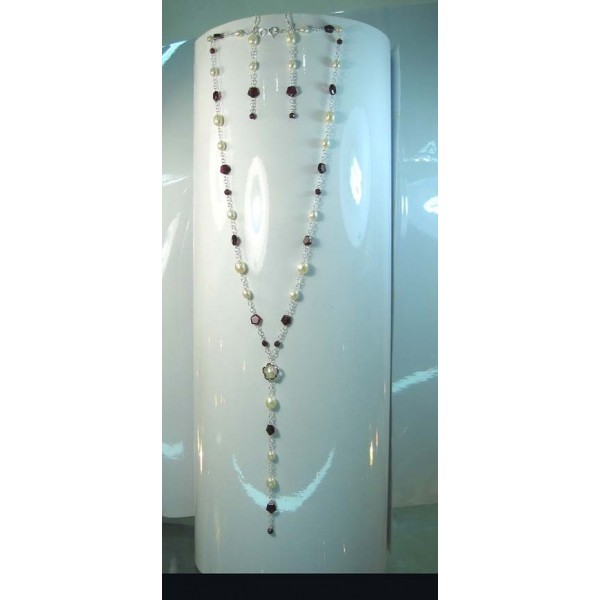 JN-JE0189 Fresh Water Pearl and Garnet Necklace and Earring Set