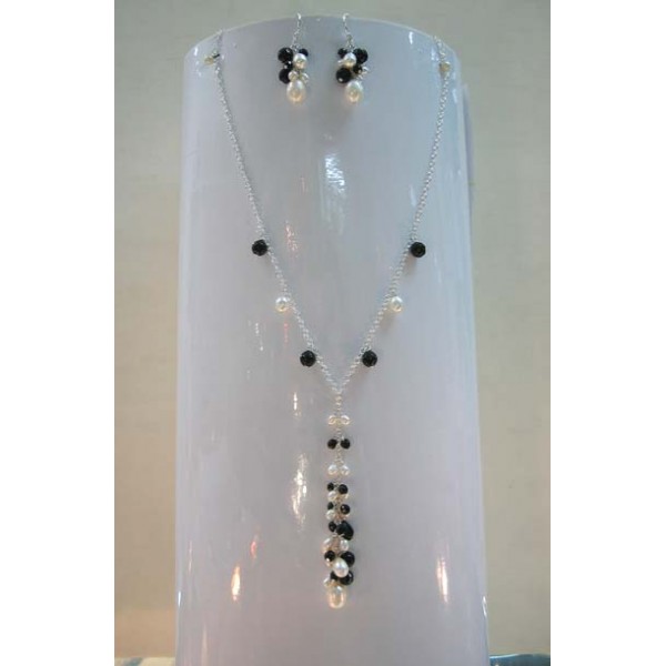 JN-JE0195 Fresh Water Pearl and Onyx Necklace and Earring Set